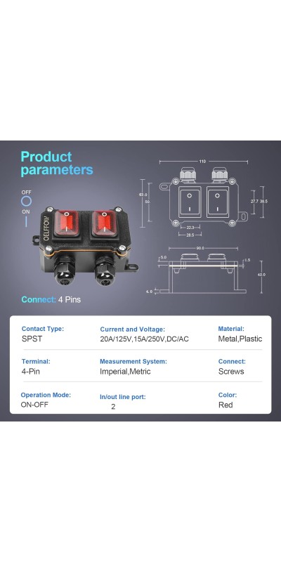 Waterproof On Off Toggle Switch Double Switch/Outlet with Red Light Rocker Button Inline Cord Switch DPST AC/DC 20A-125V,16A-250V,30A-24V,35A-12V, IP66