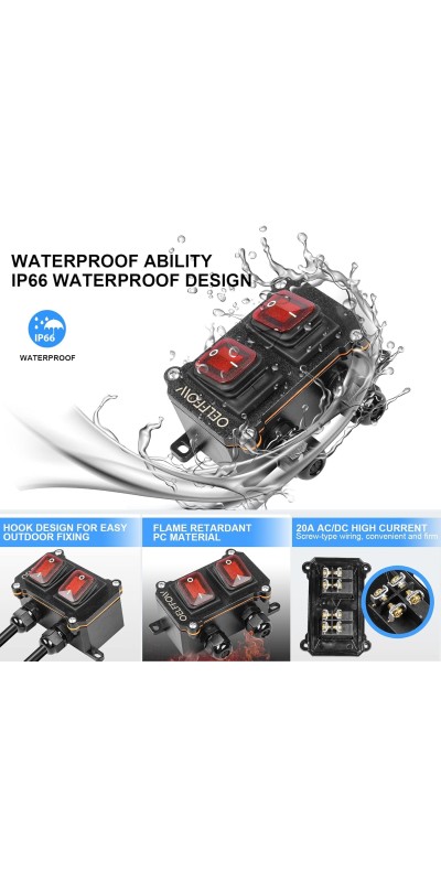 Waterproof On Off Toggle Switch Double Switch/Outlet with Red Light Rocker Button Inline Cord Switch DPST AC/DC 20A-125V,16A-250V,30A-24V,35A-12V, IP66