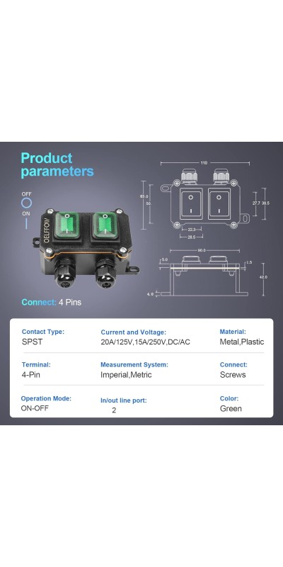 Waterproof On Off Toggle Switch Double Switch/Outlet with Red Light Rocker Button Inline Cord Switch DPST AC/DC 20A-125V,16A-250V,30A-24V,35A-12V, IP66