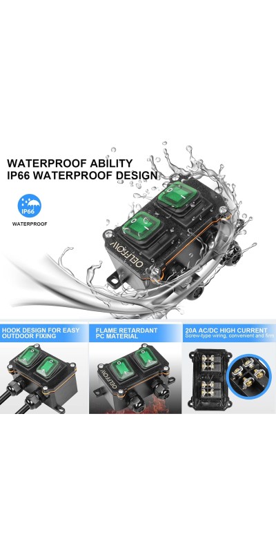 Waterproof On Off Toggle Switch Double Switch/Outlet with Red Light Rocker Button Inline Cord Switch DPST AC/DC 20A-125V,16A-250V,30A-24V,35A-12V, IP66