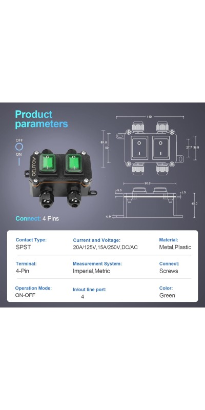 Waterproof On Off Toggle Switch Double Switch/Outlet with Red Light Rocker Button Inline Cord Switch DPST AC/DC 20A-125V,16A-250V,30A-24V,35A-12V, IP66
