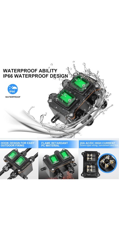 Waterproof On Off Toggle Switch Double Switch/Outlet with Red Light Rocker Button Inline Cord Switch DPST AC/DC 20A-125V,16A-250V,30A-24V,35A-12V, IP66