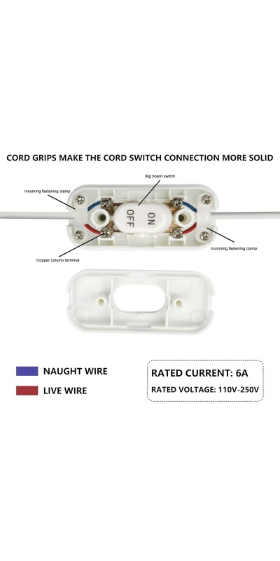 Inline Cord Switch, XGJUCE Lamp Control Appliance Switch Rocker, AC 250V 6A On Off Button Switch, Control Cord Cable Switch, for Appliance Bedroom Table Lamp Desk LED Lights Parts (2 Pcs, White)