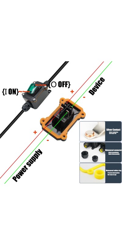 Waterproof Inline Cord Switch,DPST AC 20A-125V,16A-250V On Off Toggle Switch with Red Light Rocker Button Switch,Outdoor Start Stop Switch,Two Side Entry and Exit Line