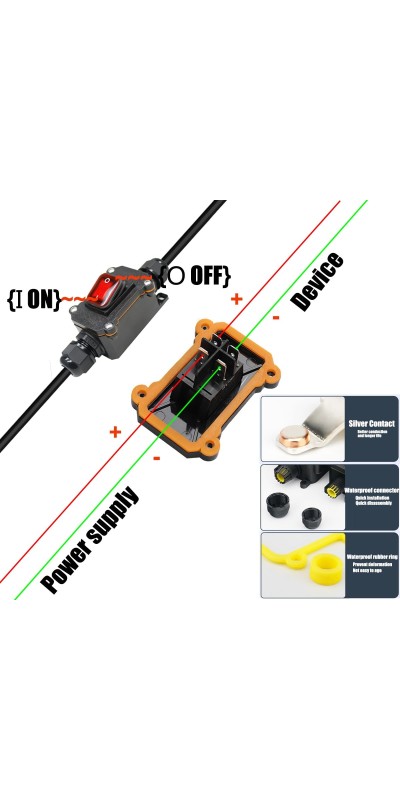 Waterproof Inline Cord Switch,DPST AC 20A-125V,16A-250V On Off Toggle Switch with Red Light Rocker Button Switch,Outdoor Start Stop Switch,Two Side Entry and Exit Line