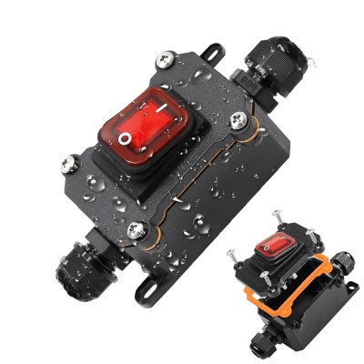 IP67 Waterproof Inline Cord Switch DPST AC 20A-125V,16A-250V, On Off Toggle Switch Double Outlet with Red Light Rocker Button, Inline Power lamp Switch Outdoor Switch