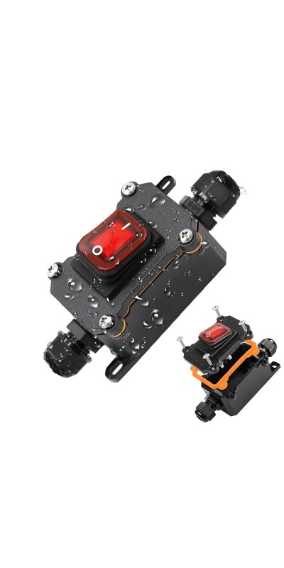 IP67 Waterproof Inline Cord Switch DPST AC 20A-125V,16A-250V, On Off Toggle Switch Double Outlet with Red Light Rocker Button, Inline Power lamp Switch Outdoor Switch