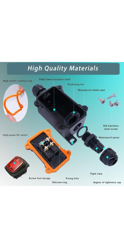 IP67 Waterproof Inline Cord Switch DPST AC 20A-125V,16A-250V, On Off Toggle Switch Double Outlet with Red Light Rocker Button, Inline Power lamp Switch Outdoor Switch