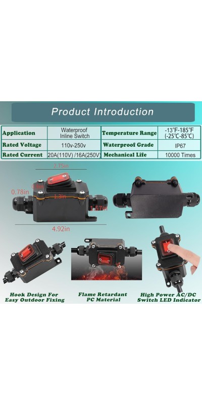 IP67 Waterproof Inline Cord Switch DPST AC 20A-125V,16A-250V, On Off Toggle Switch Double Outlet with Red Light Rocker Button, Inline Power lamp Switch Outdoor Switch