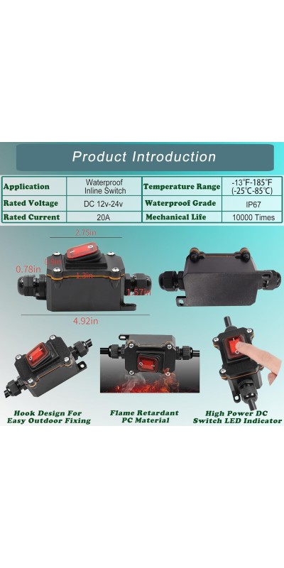IP67 Waterproof Inline Cord Switch DPST AC 20A-125V,16A-250V, On Off Toggle Switch Double Outlet with Red Light Rocker Button, Inline Power lamp Switch Outdoor Switch