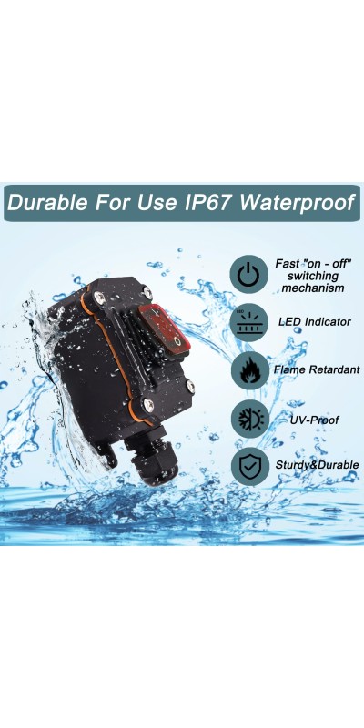 IP67 Waterproof Inline Cord Switch DPST AC 20A-125V,16A-250V, On Off Toggle Switch Double Outlet with Red Light Rocker Button, Inline Power lamp Switch Outdoor Switch
