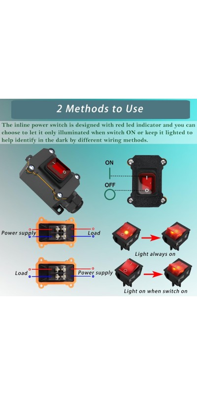 IP67 Waterproof Inline Cord Switch DPST AC 20A-125V,16A-250V, On Off Toggle Switch Double Outlet with Red Light Rocker Button, Inline Power lamp Switch Outdoor Switch