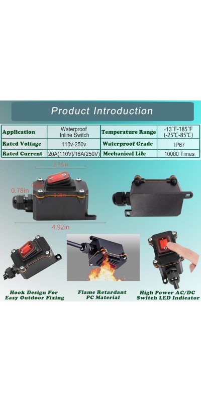 IP67 Waterproof Inline Cord Switch DPST AC 20A-125V,16A-250V, On Off Toggle Switch Double Outlet with Red Light Rocker Button, Inline Power lamp Switch Outdoor Switch