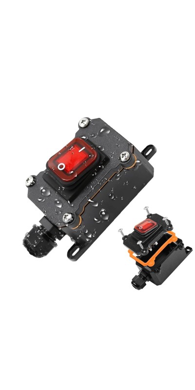 IP67 Waterproof Inline Cord Switch DPST AC 20A-125V,16A-250V, On Off Toggle Switch Double Outlet with Red Light Rocker Button, Inline Power lamp Switch Outdoor Switch