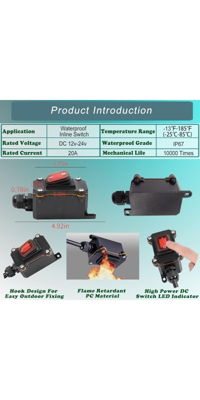 IP67 Waterproof Inline Cord Switch DPST AC 20A-125V,16A-250V, On Off Toggle Switch Double Outlet with Red Light Rocker Button, Inline Power lamp Switch Outdoor Switch