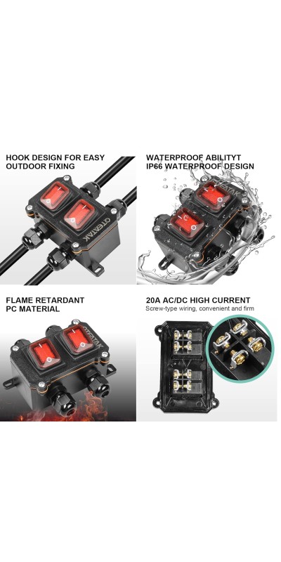 Inline Cord Switch DPST AC/DC 20A-125V,16A-250V,30A-24V,35A-12V, IP66 Waterproof On-Off Toggle Switch with 2 Red Light Rocker Buttons