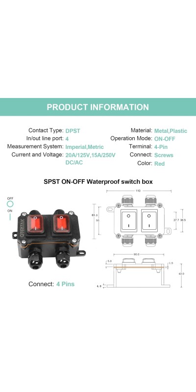 Inline Cord Switch DPST AC/DC 20A-125V,16A-250V,30A-24V,35A-12V, IP66 Waterproof On-Off Toggle Switch with 2 Red Light Rocker Buttons