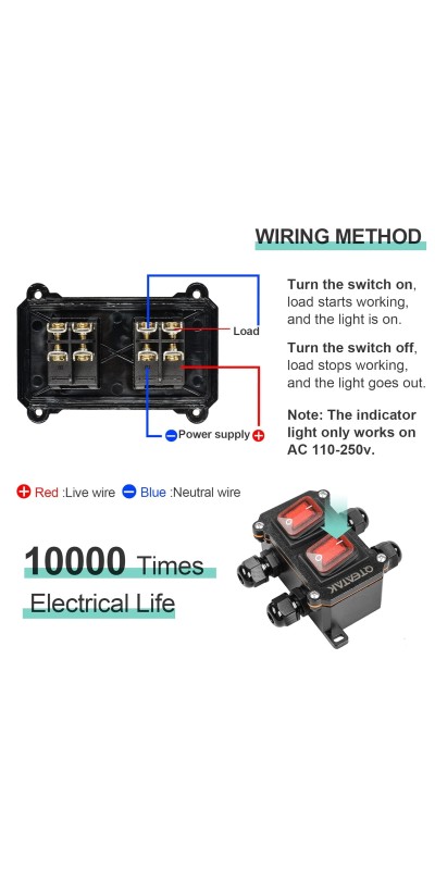 Inline Cord Switch DPST AC/DC 20A-125V,16A-250V,30A-24V,35A-12V, IP66 Waterproof On-Off Toggle Switch with 2 Red Light Rocker Buttons