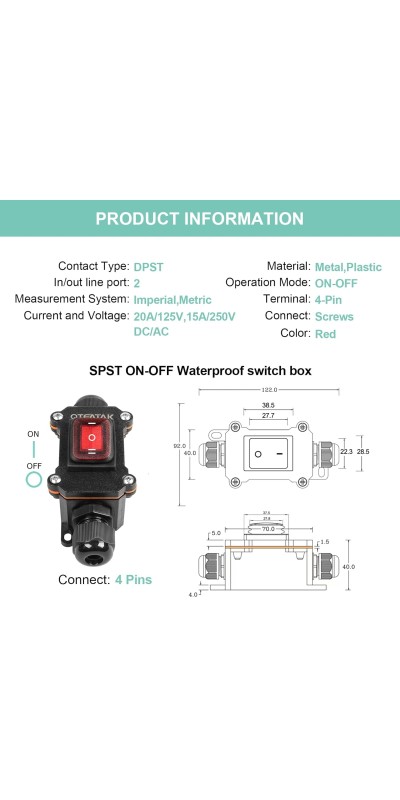Inline Cord Switch DPST AC/DC 20A-125V,16A-250V,30A-24V,35A-12V, IP66 Waterproof On-Off Toggle Switch with 2 Red Light Rocker Buttons