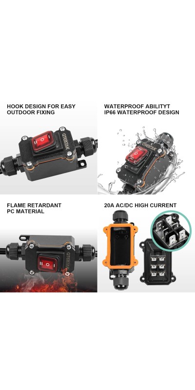 Inline Cord Switch DPST AC/DC 20A-125V,16A-250V,30A-24V,35A-12V, IP66 Waterproof On-Off Toggle Switch with 2 Red Light Rocker Buttons