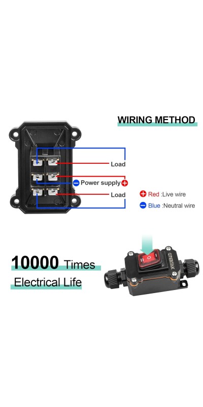 Inline Cord Switch DPST AC/DC 20A-125V,16A-250V,30A-24V,35A-12V, IP66 Waterproof On-Off Toggle Switch with 2 Red Light Rocker Buttons