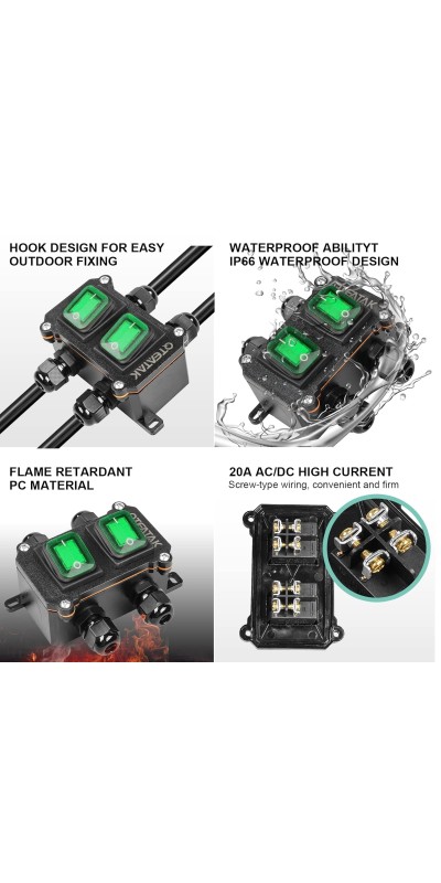 Inline Cord Switch DPST AC/DC 20A-125V,16A-250V,30A-24V,35A-12V, IP66 Waterproof On-Off Toggle Switch with 2 Red Light Rocker Buttons