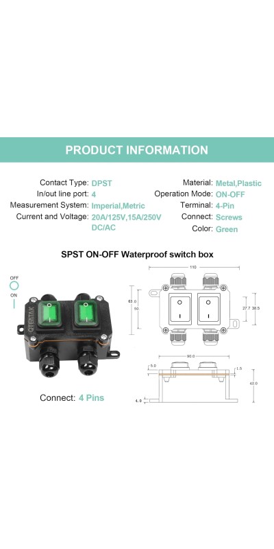 Inline Cord Switch DPST AC/DC 20A-125V,16A-250V,30A-24V,35A-12V, IP66 Waterproof On-Off Toggle Switch with 2 Red Light Rocker Buttons