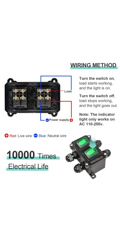 Inline Cord Switch DPST AC/DC 20A-125V,16A-250V,30A-24V,35A-12V, IP66 Waterproof On-Off Toggle Switch with 2 Red Light Rocker Buttons