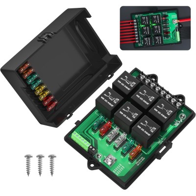 Relay Box Fuse Relay Box 12V Automotive Universal Fuse Panel with 6 Way Relays and 14 x ATC/ATO Blade Fuses 12 Volt Fuse Box Waterproof with Led Light and Relay Module