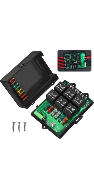 Relay Box Fuse Relay Box 12V Automotive Universal Fuse Panel with 6 Way Relays and 14 x ATC/ATO Blade Fuses 12 Volt Fuse Box Waterproof with Led Light and Relay Module