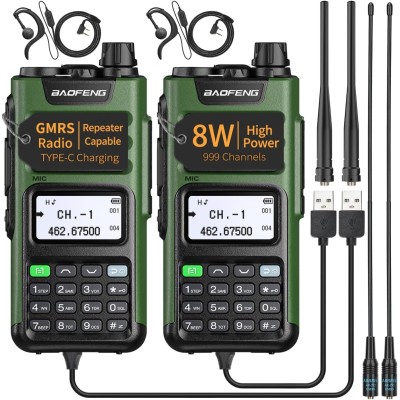 Radio Handheld Long Range GM-15 Pro 8W Walkie Talkie with Earpiece NOAA Weather Receiver Rechargeable GMRS Repeater Two Way Radio with USB-C Charger for Hunting Survival Gear,2Pack