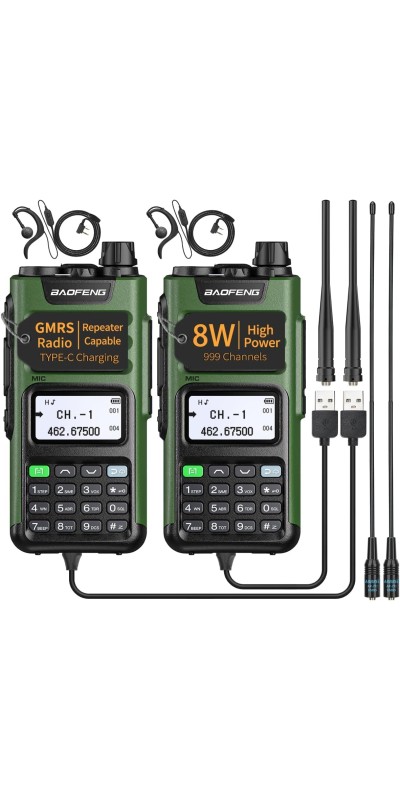 Radio Handheld Long Range GM-15 Pro 8W Walkie Talkie with Earpiece NOAA Weather Receiver Rechargeable GMRS Repeater Two Way Radio with USB-C Charger for Hunting Survival Gear,2Pack