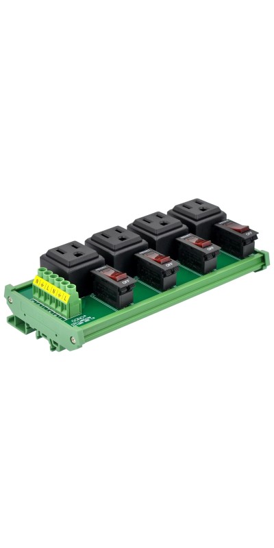 DIN Rail Mount AC 120V NEMA 5-15R 4 Receptacle Outlet Power Module, with Rocker Switch Thermal Circuit Breaker Overload Protector