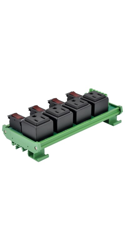 DIN Rail Mount AC 120V NEMA 5-15R 4 Receptacle Outlet Power Module, with Rocker Switch Thermal Circuit Breaker Overload Protector