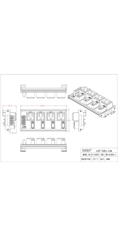 DIN Rail Mount AC 120V NEMA 5-15R 4 Receptacle Outlet Power Module, with Rocker Switch Thermal Circuit Breaker Overload Protector