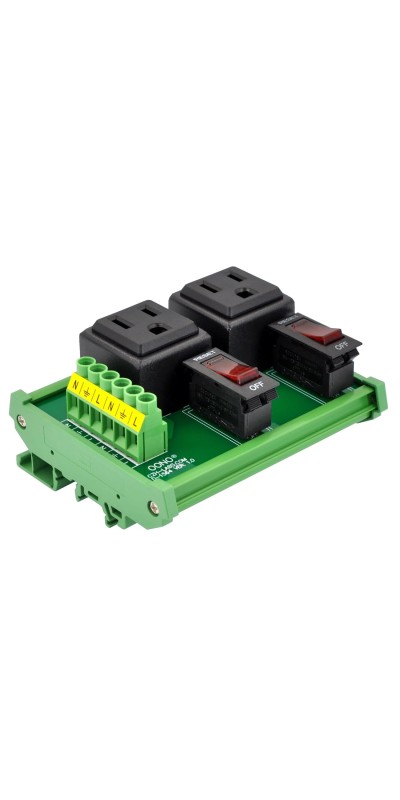 DIN Rail Mount AC 120V NEMA 5-15R 4 Receptacle Outlet Power Module, with Rocker Switch Thermal Circuit Breaker Overload Protector