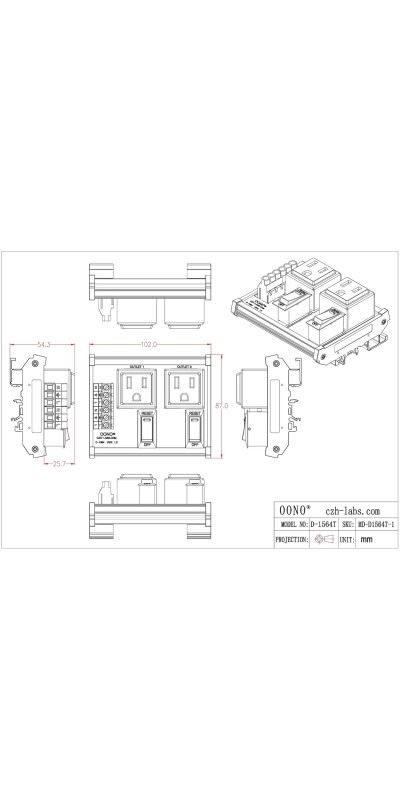DIN Rail Mount AC 120V NEMA 5-15R 4 Receptacle Outlet Power Module, with Rocker Switch Thermal Circuit Breaker Overload Protector