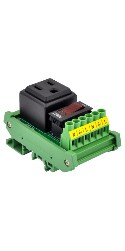 DIN Rail Mount AC 120V NEMA 5-15R 4 Receptacle Outlet Power Module, with Rocker Switch Thermal Circuit Breaker Overload Protector