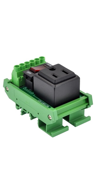 DIN Rail Mount AC 120V NEMA 5-15R 4 Receptacle Outlet Power Module, with Rocker Switch Thermal Circuit Breaker Overload Protector