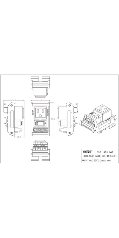 DIN Rail Mount AC 120V NEMA 5-15R 4 Receptacle Outlet Power Module, with Rocker Switch Thermal Circuit Breaker Overload Protector