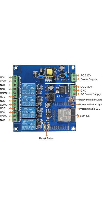 ESP32 WiFi 4 Channel Relay Module ESP32-WROOM-32E 4 Channel Development Board AC/DC Power Supply Switch Controller Board for Arduino Smart Home Wireless Control