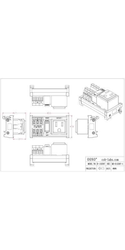 DIN Rail Mount AC 120V NEMA 5-15R Single Receptacle Outlet Power Strip Module, with Rocker Switch Thermal Circuit Breaker Overload Protector
