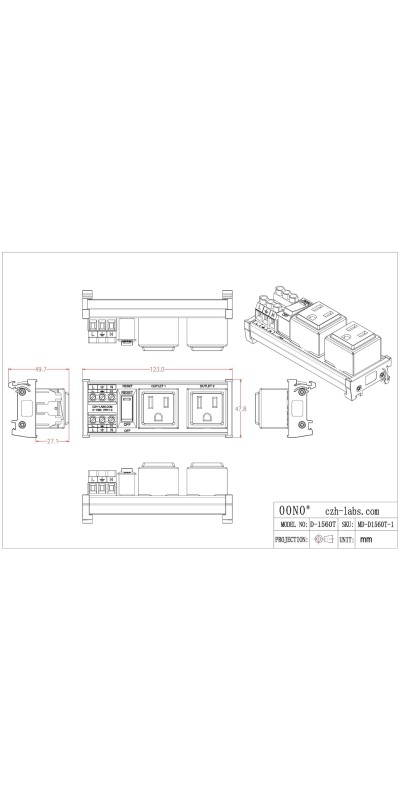 DIN Rail Mount AC 120V NEMA 5-15R Single Receptacle Outlet Power Strip Module, with Rocker Switch Thermal Circuit Breaker Overload Protector