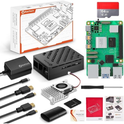RasTech 5 8GB Kit 64GB Edition with Active Cooler,27W GaN 5.1V5A USB-C Power Supply,Pi5 8GB Board,64GB Card Readers Kit,Pi 5 Case,Dual 4K Micro HD Out Cables and User Manual