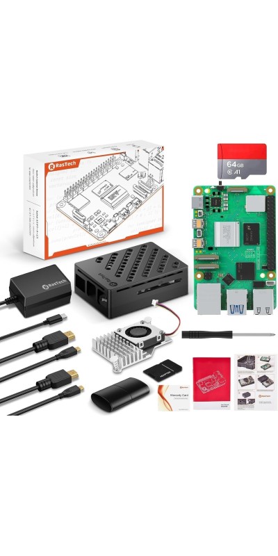 RasTech 5 8GB Kit 64GB Edition with Active Cooler,27W GaN 5.1V5A USB-C Power Supply,Pi5 8GB Board,64GB Card Readers Kit,Pi 5 Case,Dual 4K Micro HD Out Cables and User Manual