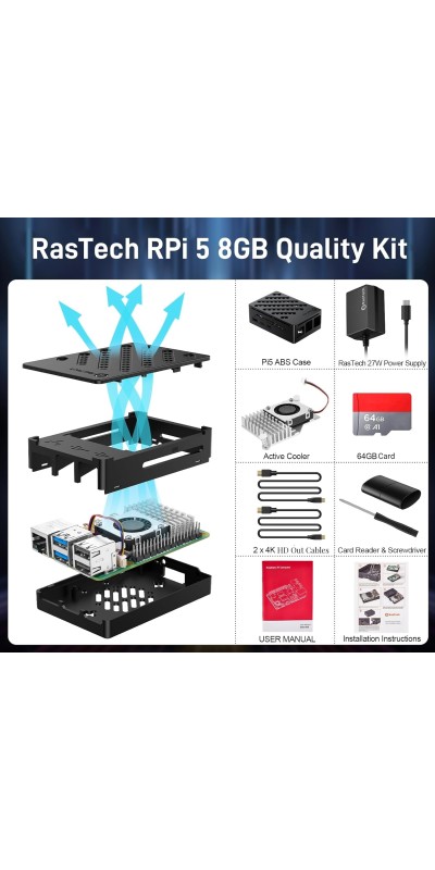 RasTech 5 8GB Kit 64GB Edition with Active Cooler,27W GaN 5.1V5A USB-C Power Supply,Pi5 8GB Board,64GB Card Readers Kit,Pi 5 Case,Dual 4K Micro HD Out Cables and User Manual