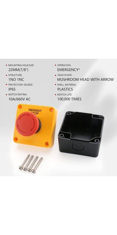 Red Sign Emergency Stop Switch, 660V Weatherproof Push Button Switch with Box