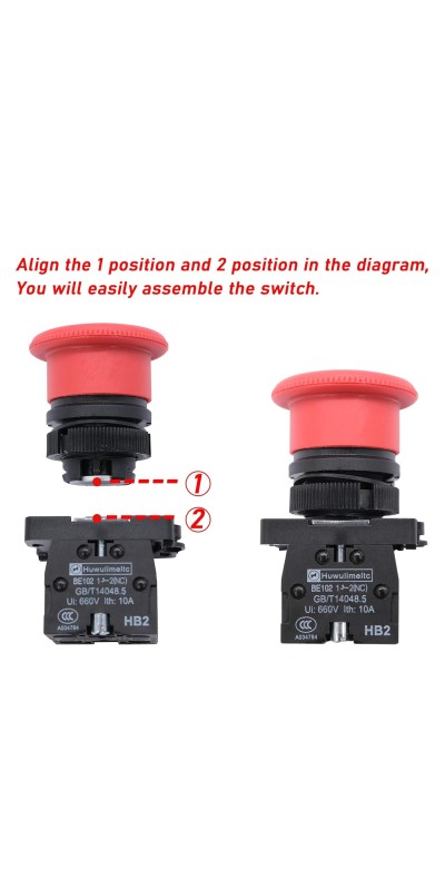 2pcs 22mm 2 NC Red Mushroom Emergency Stop Push Button Switch AC 660V 10A, 1 Year Warranty HB2-ES544