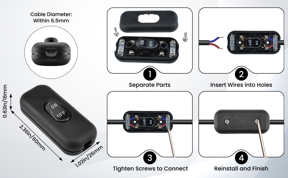 Inline Cord Switch Lamp Control Appliance Switch Rocker for Appliance or Bedroom Table Lamp Desk
