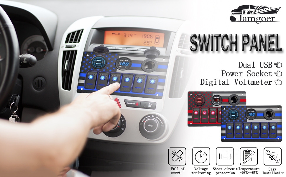 6 gang rocker switch panel LED with 5V 4.8A dual USB digital voltmeter power socket